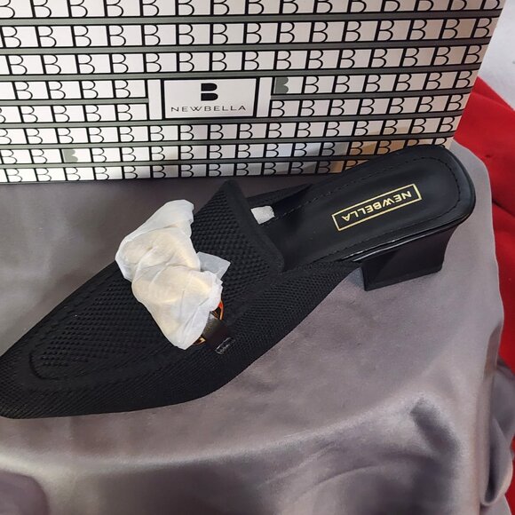 Newbella Black Mousse Fit Pointed Toe Square Heel Gold Tone Chain Dress Mule 7.5 - Picture 3 of 16